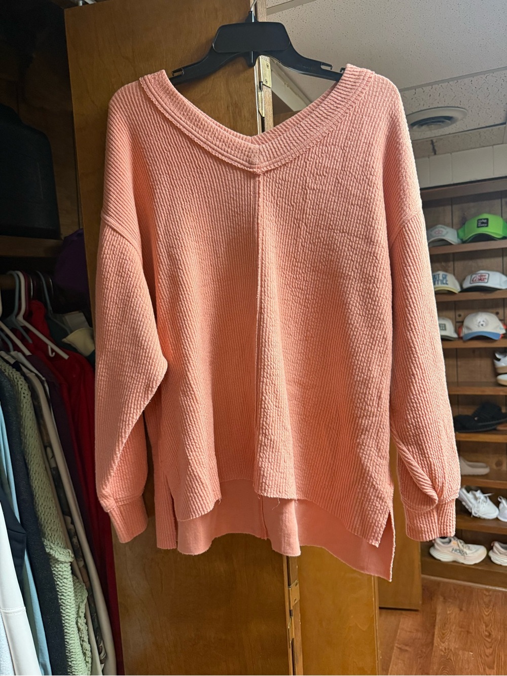 aerie Coral Waffle Knit V-Neck Sweater